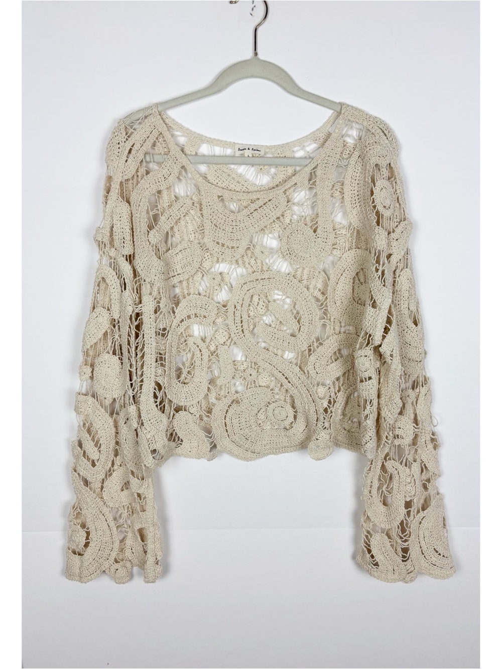 Aaron & Amber Sweater Open Knit Weave Crochet Flare Sleeve Beige Boho Large